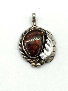 Vintage AJ Sterling Silver Native American Amber Pendant Leaf & Rope Design